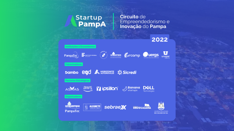 Seminário busca incentivar o empreendedorismo e a inovação no pampa - Divulgação: Startup Pampa Ilustração em verde e azul do seminário Alegrete Cidade Inovadora