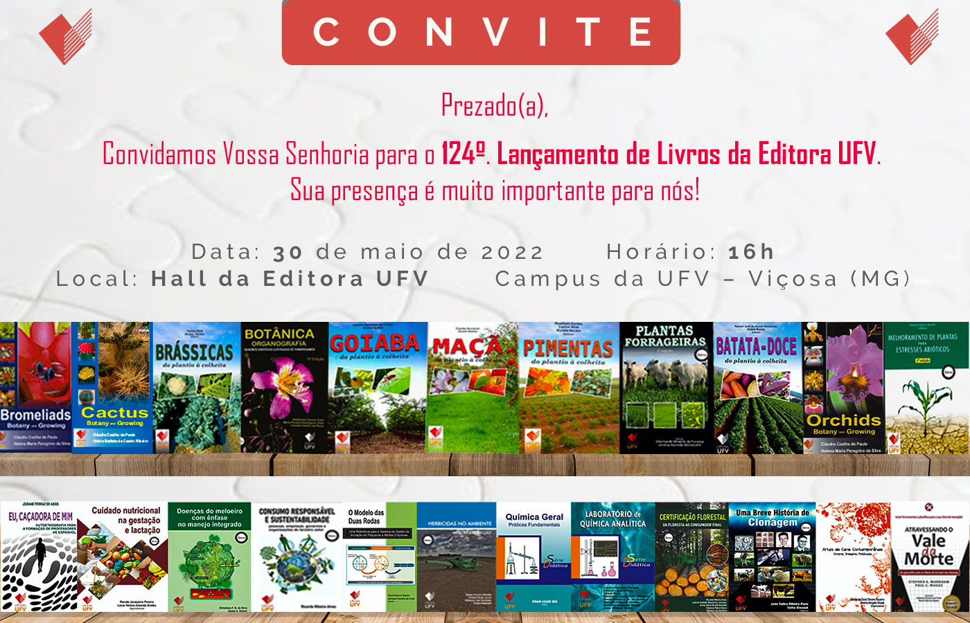 Livros do professor Alves tratam de temas relacionados a responsabilidade ambiental e sustentabilidade - Imagem: Divulgação UFV Ilustração de convite para lançamento de livros pela Editora UFV da Universidade Federal de Viçosa