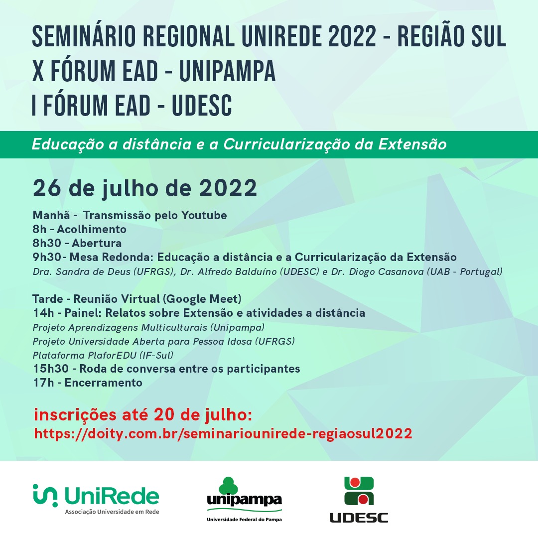 Seminário organizado pela Unipampa e Udesc busca discutir políticas de extensão na modalidade EaD - Divulgação Ilustração com fundo verde do Seminário Regional UniRede 2022.