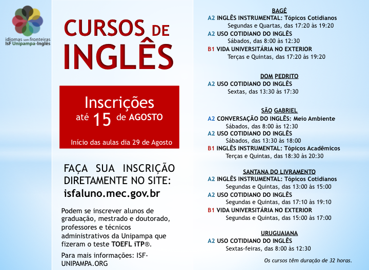 Cartaz com os dias, horários e turmas de oferta em cada campus